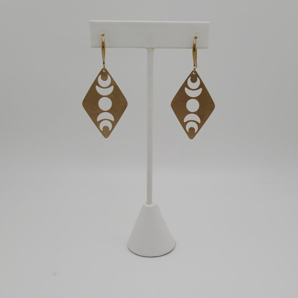 Dangle Drop Earrings Raw Brass Moon Phase Hook Handmade 2.5" Long Diamond Shape - Picture 7 of 12